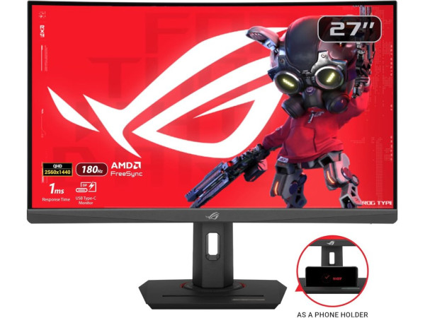 Monitor ASUS ROG XG27WCS 27''/VA,zakrivljen/2560x1440/180Hz/1msGtG/HDMI,DP,USB C/freesync/visina/crna  